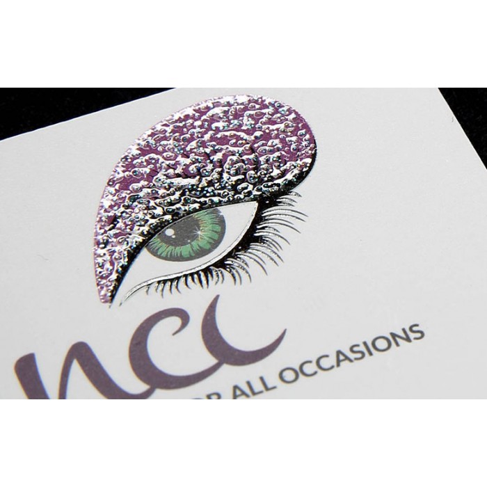 Suede business cards with Dusting Bling raised spot UV